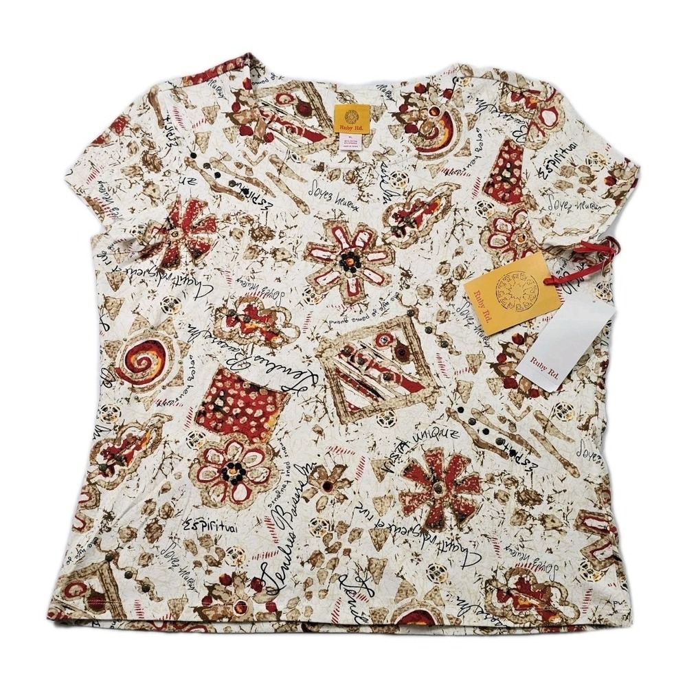 Ruby Rd Floral Beaded French Country‎ Motif Womens XL Blouse Stretch Top 82155